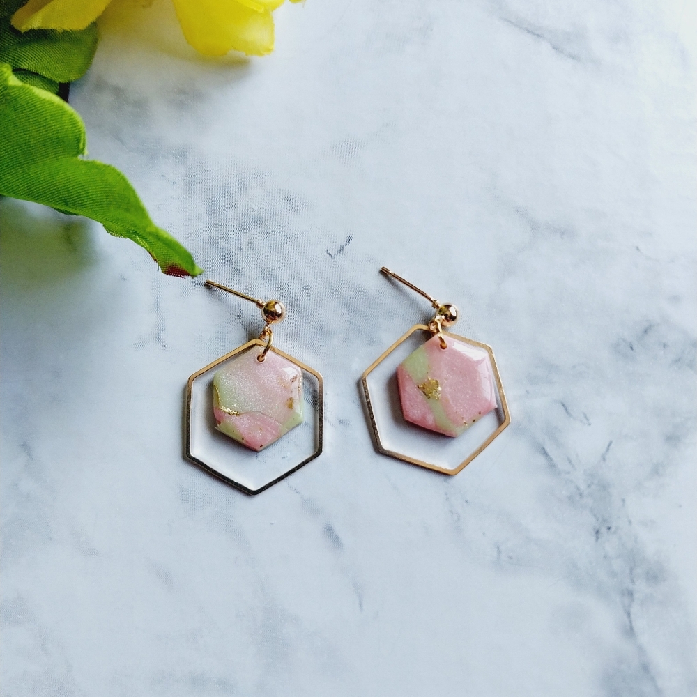 OpalGlaze Clay Pastel Green Pink Golden Hexagonal Earrings